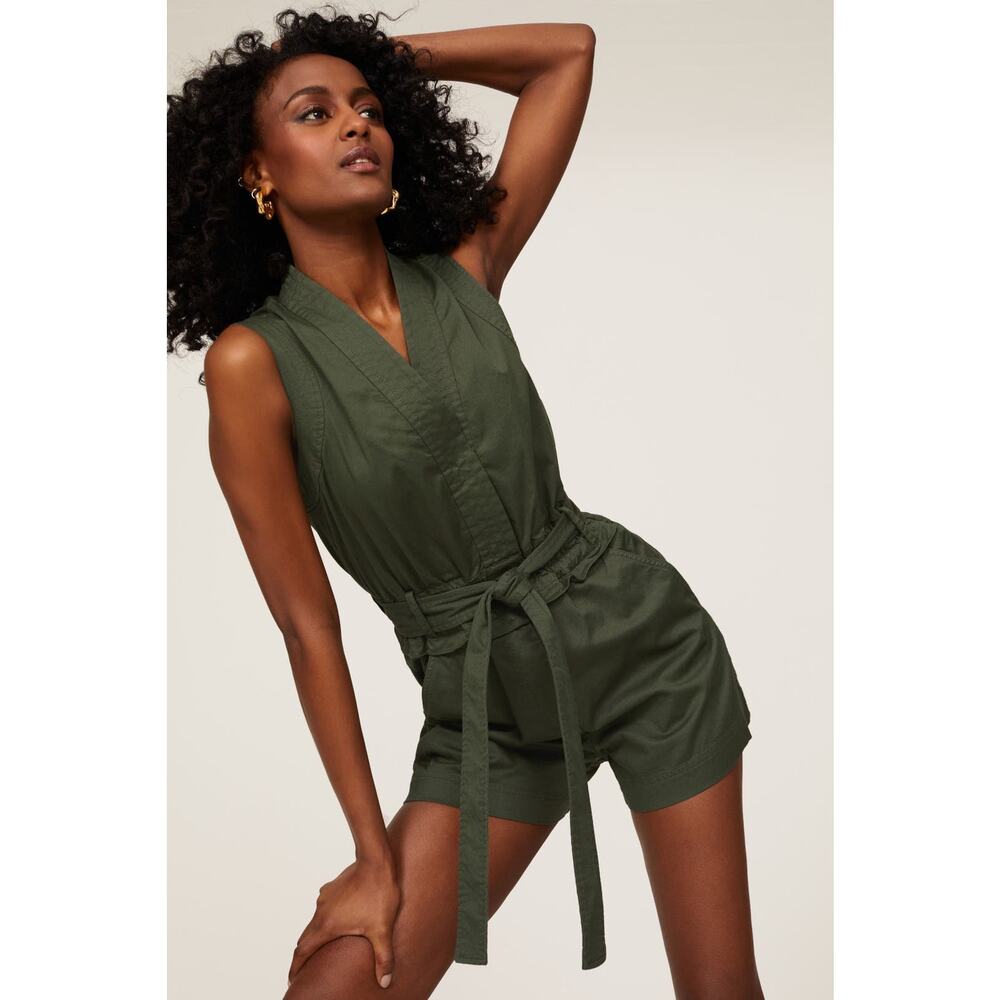 Derek Lam Sleeveless Romper Green Waist Tie V-Neck Pockets Sz 42 / 6‎ US